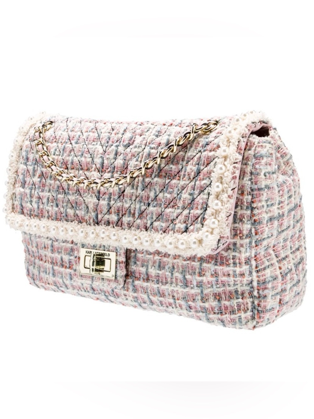 KARL LAGERFELD PARIS 🩷AGYNESS🩷 PINK MULTI FAUX PEARL TWEED SHOULDER BAG🌟NWT🌟